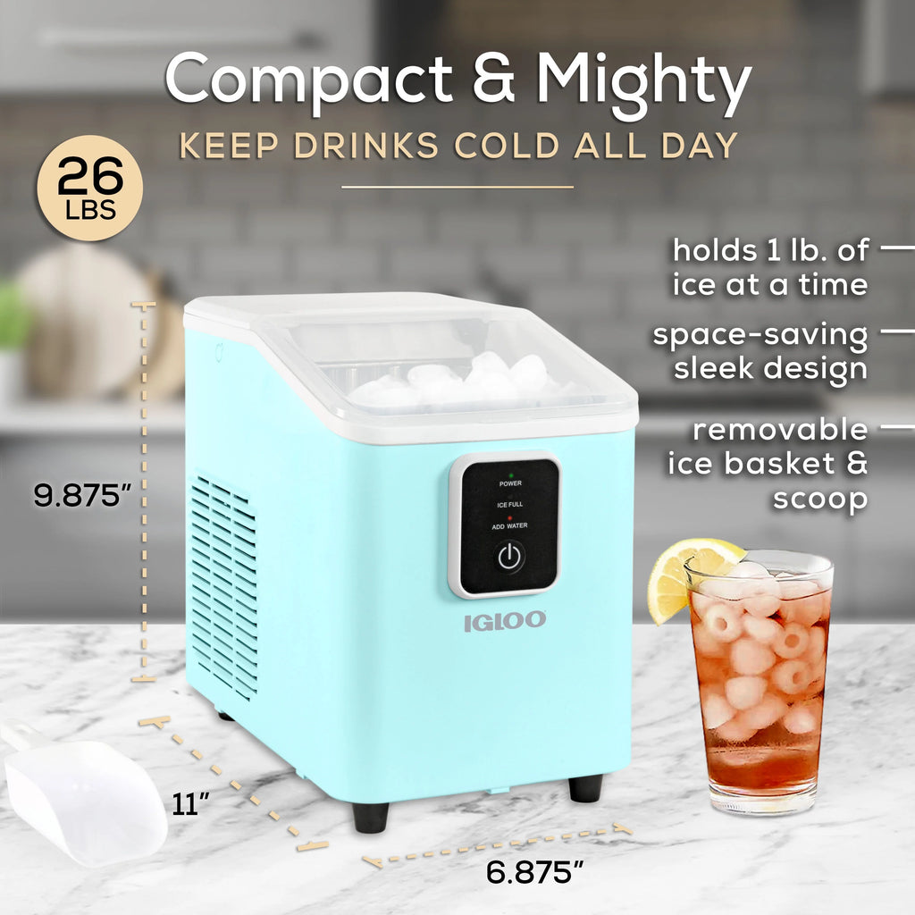 Igloo Self-Cleaning Countertop Ice Maker - Compact and Portable - Creates 26 lbs. Per Day, 8 Pieces Ready Every 7-8 Minutes - Includes Ice Scoop and Basket - Aqua