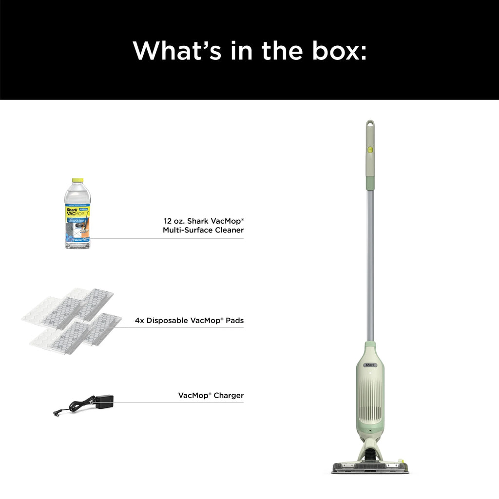 Shark VACMOP Cordless Hard Floor Cleaner, Vacuum and Spray Mop, Powerful Suction, Lightweight, LED Headlights, Includes 4 Disposable Pads, 12oz Multi-surface Cleaning Solution, Lime Green, VM252GN