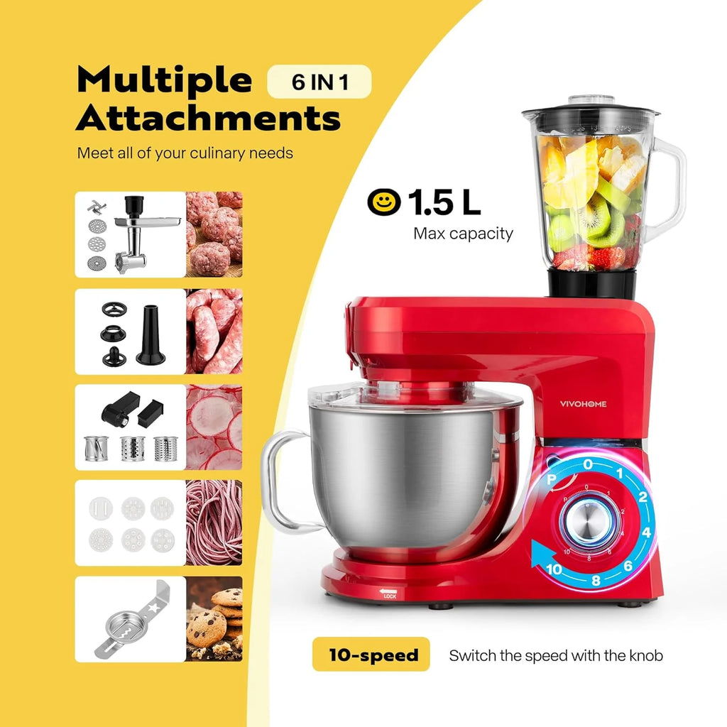 SPECSTAR 6 in 1 Multifunctional Stand Mixer with 8.5 Quart Stainless Steel Bowl, 660W 10 Speed Tilt-Head, Silver