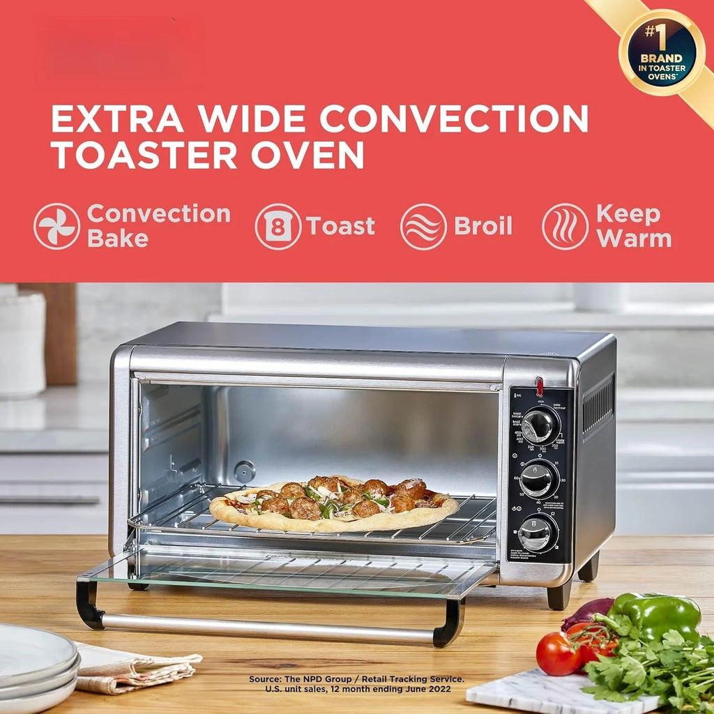 8-Slice Extra Wide Convection Toaster Oven, Fits 9"x13" Oven Pans and 12" Pizza, Bake, Toast, Broil, and Keep Warm Functions, Countertop Compact Design with Stainless Steel Finish