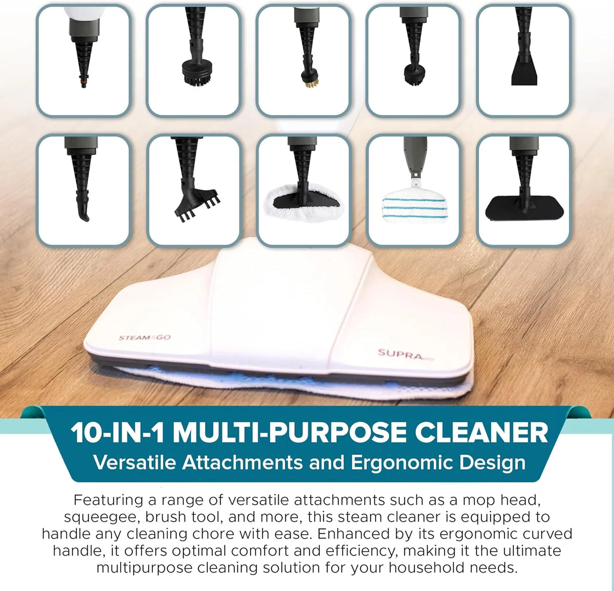 Steam & Go Supra Pro 10-in-1 Steam Cleaner Machine with Cleaning Attachments