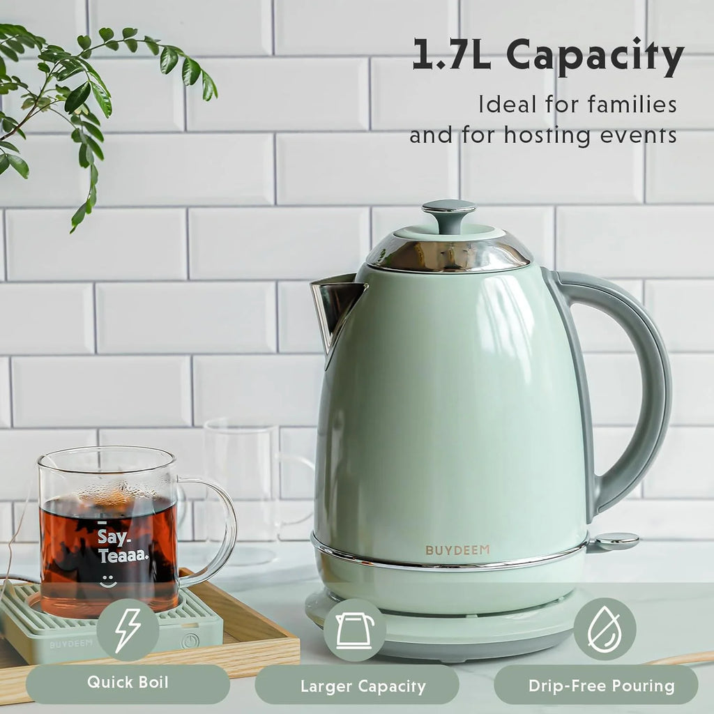 BUYDEEM K640N Stainless Steel Electric Kettle with Auto Shut-Off & Boil Dry Protection, 1.7L Cordless Hot Tea Water Boiler with Swivel Base, 1440W Fast Heating