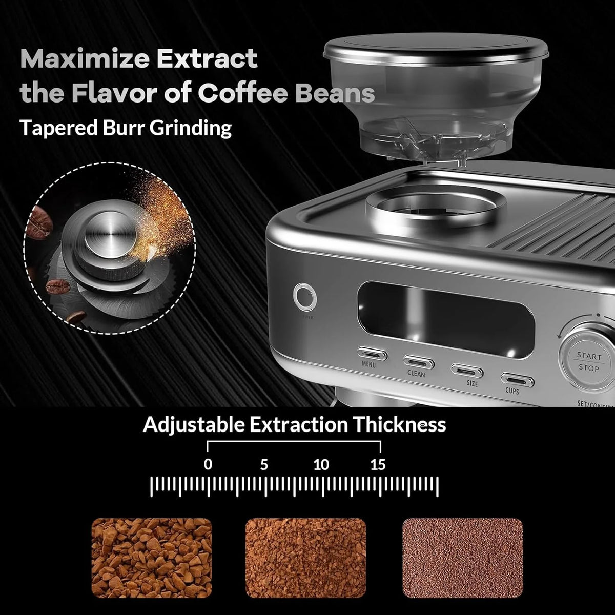 Espresso Machine with Grinder, Professional Coffee and Espresso Maker Combo, Stainless Steel Cafe Espresso Machine with Steam Wand Barista Kit for Cappuccino Latte