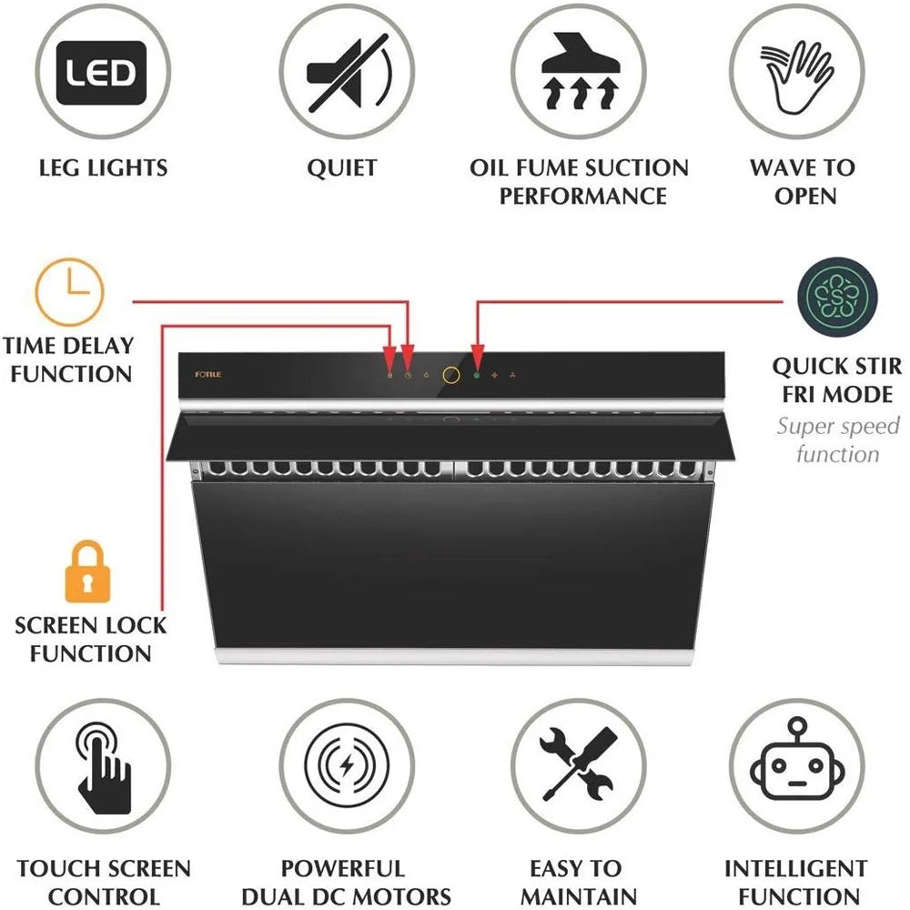 FOTILE Slant Vent Series 30" 1000 CFM Under Cabinet or Wall Mount Range Hood with 2 LED lights, Motion and Touch Activation in Onyx Black Tempered Glass