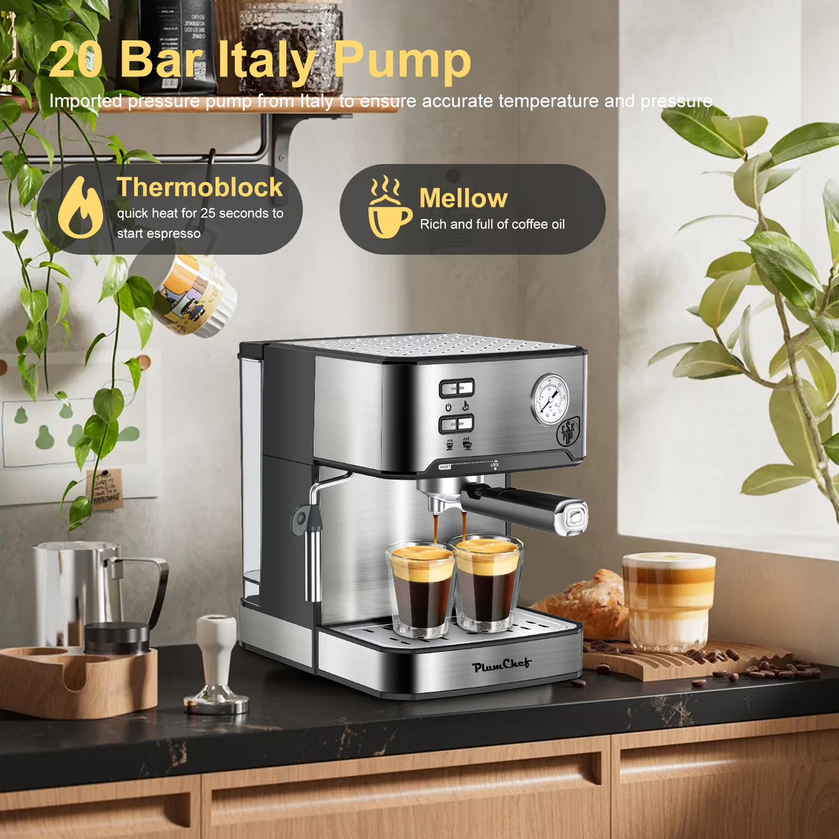 20 Bar Espresso Machine with Milk Frother, Single & Double Shot, ESE Pod Compatible, Removable Water Tank for Cappuccino, Latte, & Machiato for Home Barista