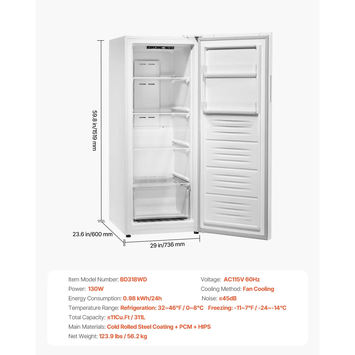 KFFKFF Convertible Upright Freezer/Refrigerator, 11 Cu.Ft Frost-Free Unit with Temperature Control, Reversible Door, Adjustable Shelves, and LED Lighting for Home, Office, or Garage
