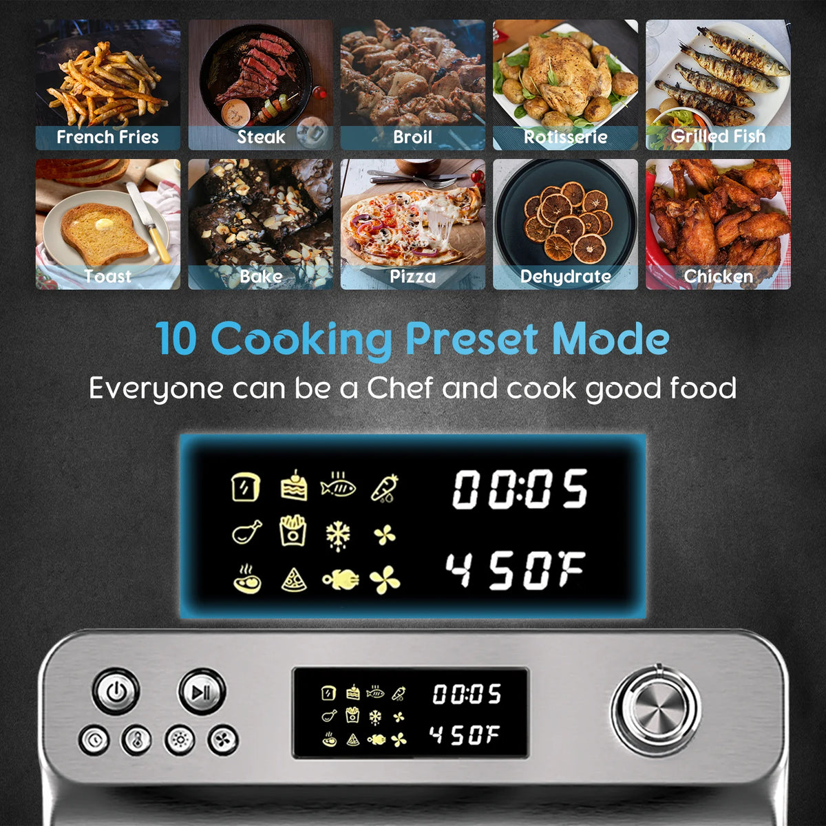 HYSapientia 26QT Air Fryer Oven With Rotisserie 1800W Toaster Oven Air Fryer Combo, 10 in 1 Convection Oven Countertop, Airfryer Toaster Oven, Mini Toaster Oven,Stainless Steel Outer