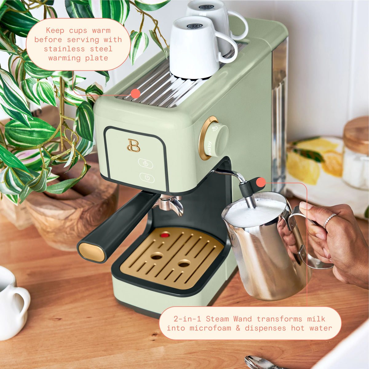 Beautiful Slim Espresso Machine with 20-Bar Pressure, Black Sesame by Drew Barrymore
