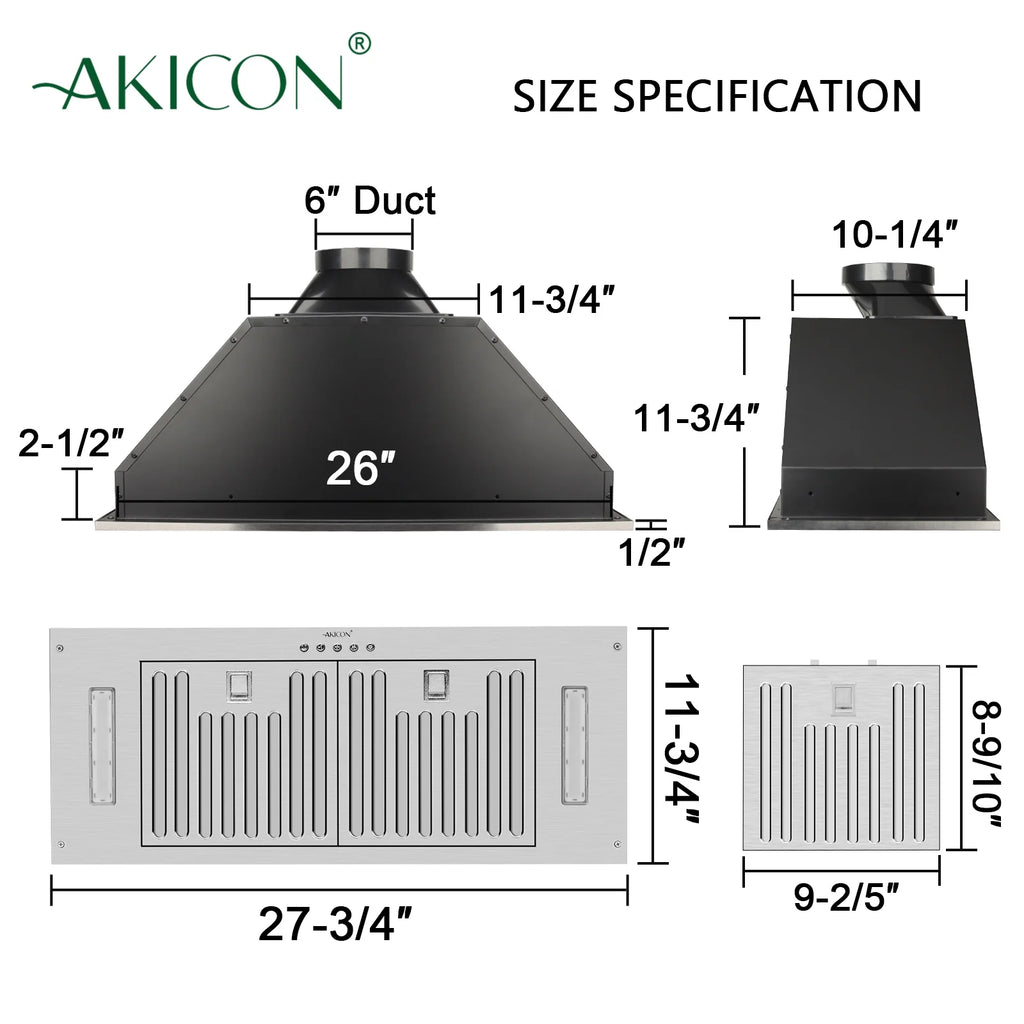 Range Hood Insert/Built-in 30 Inch, 6'' Duct 3-Speeds 600 CFM Stainless Steel Vent Hood with LED Lights and Dishwasher Safe Filters