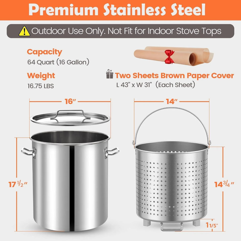 64QT Stainless Steel Seafood Boiling Turkey Fryer Kit with Strainer and Propane Stove with 200,000BTU and 36" Large Spoon (Stockpot+Stove+Large Spoon)