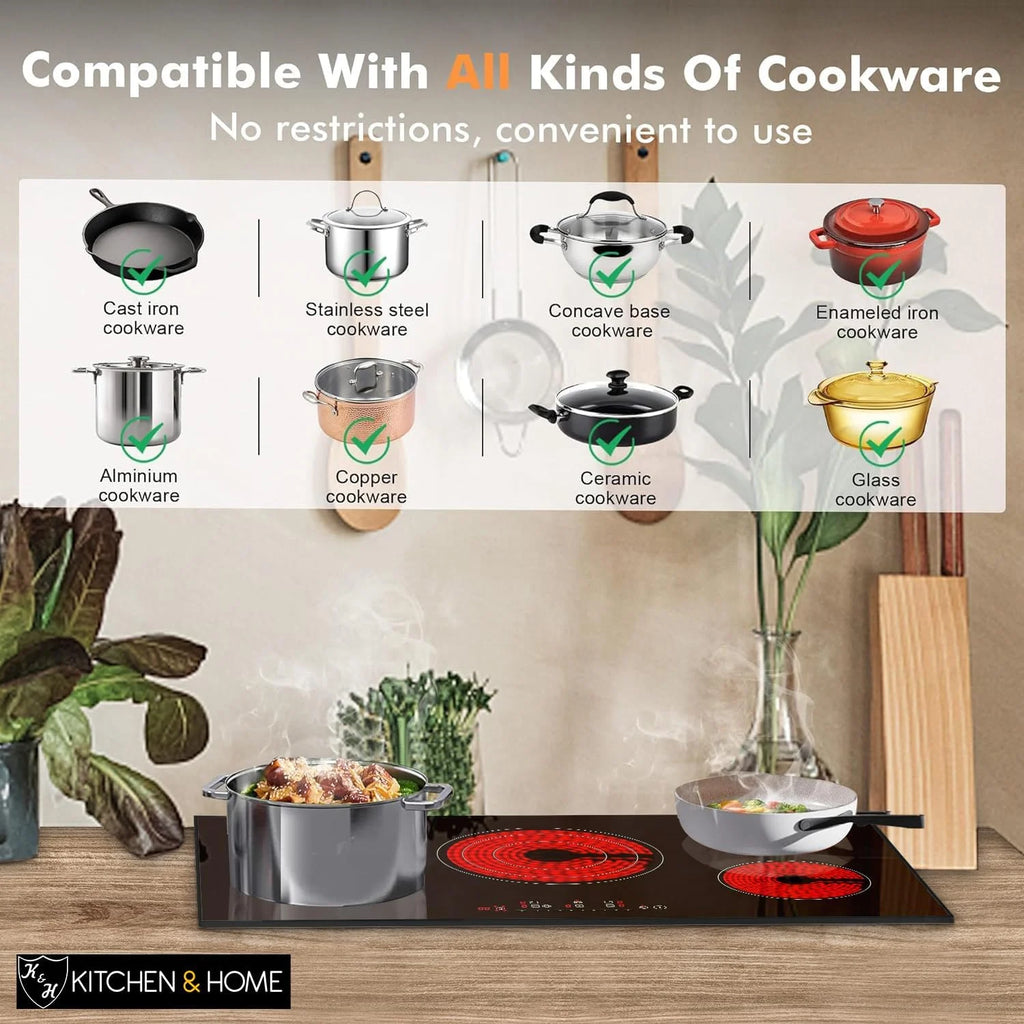 K&H German Designed 5 Burner 36 inch Built-in Kitchen Stove Top Electric Radiant Ceramic Kitchen Cooktop Touch Control 240V 9600W CE36-10208