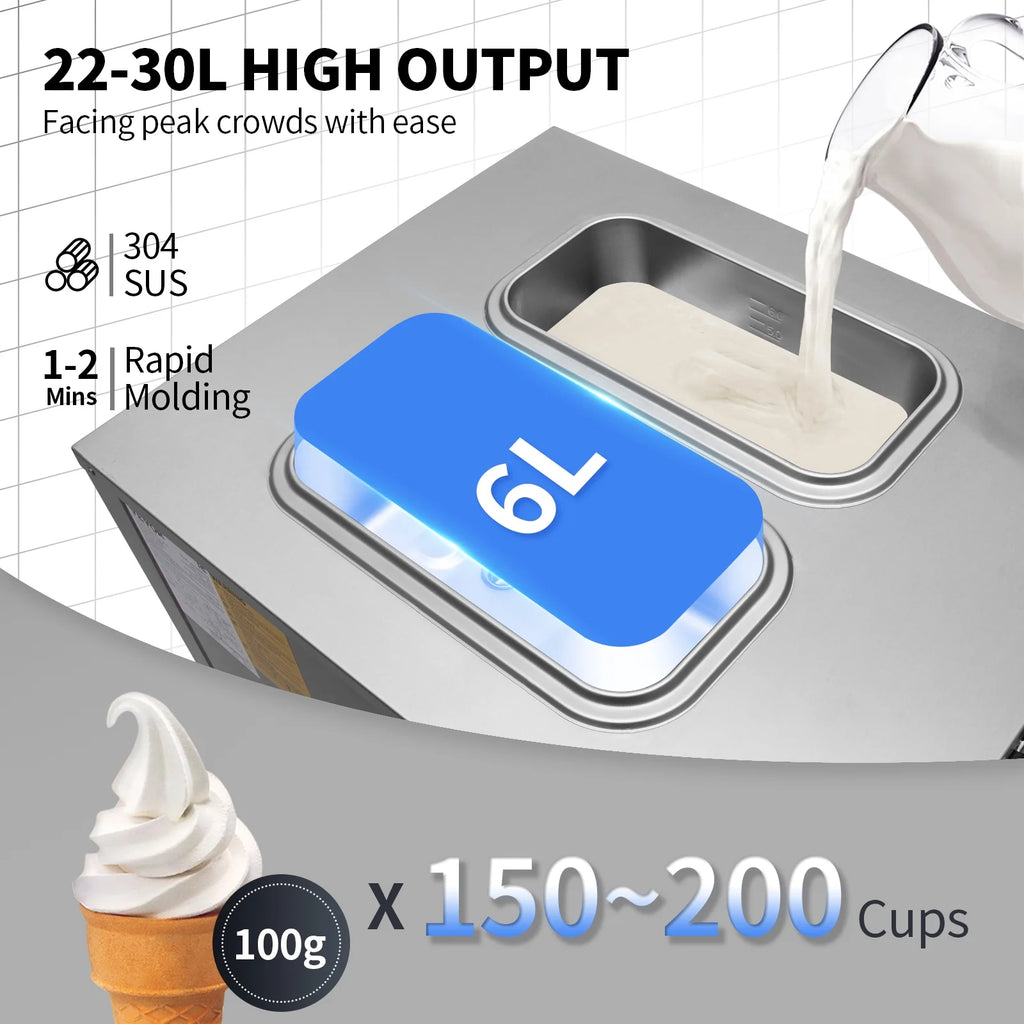 BENTISM Commercial Ice Cream Maker, 22-30L/H Yield, 2200W Countertop Soft Serve Machine w/ 2x6L Hopper 2L