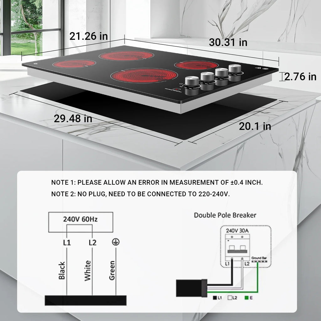 30 Inch Electric Cooktop 4 Burners, Sumaki Built-in Electric Burner with 4 Burners, 240V Power Control by Knob, 7000W Electric Stove with Hot Surface Indicator