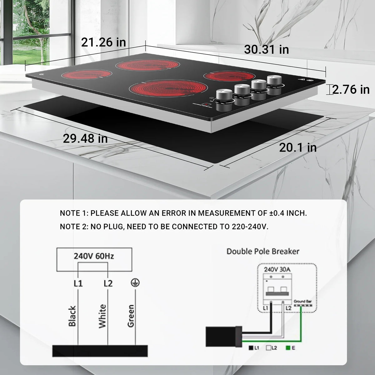 30 Inch Electric Cooktop 4 Burners, Sumaki Built-in Electric Burner with 4 Burners, 240V Power Control by Knob, 7000W Electric Stove with Hot Surface Indicator