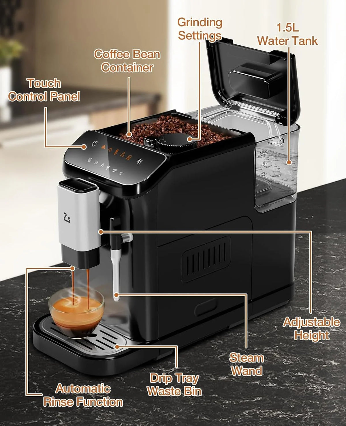 Espresso Machine, 20 Bar Pump Pressure for Balanced Extraction, Professional Espresso Maker with Milk Frother Steam Wand, 1.5L Water Tank, 1-15 Adjustable Grind Size Levels, Gift for Coffee Lover