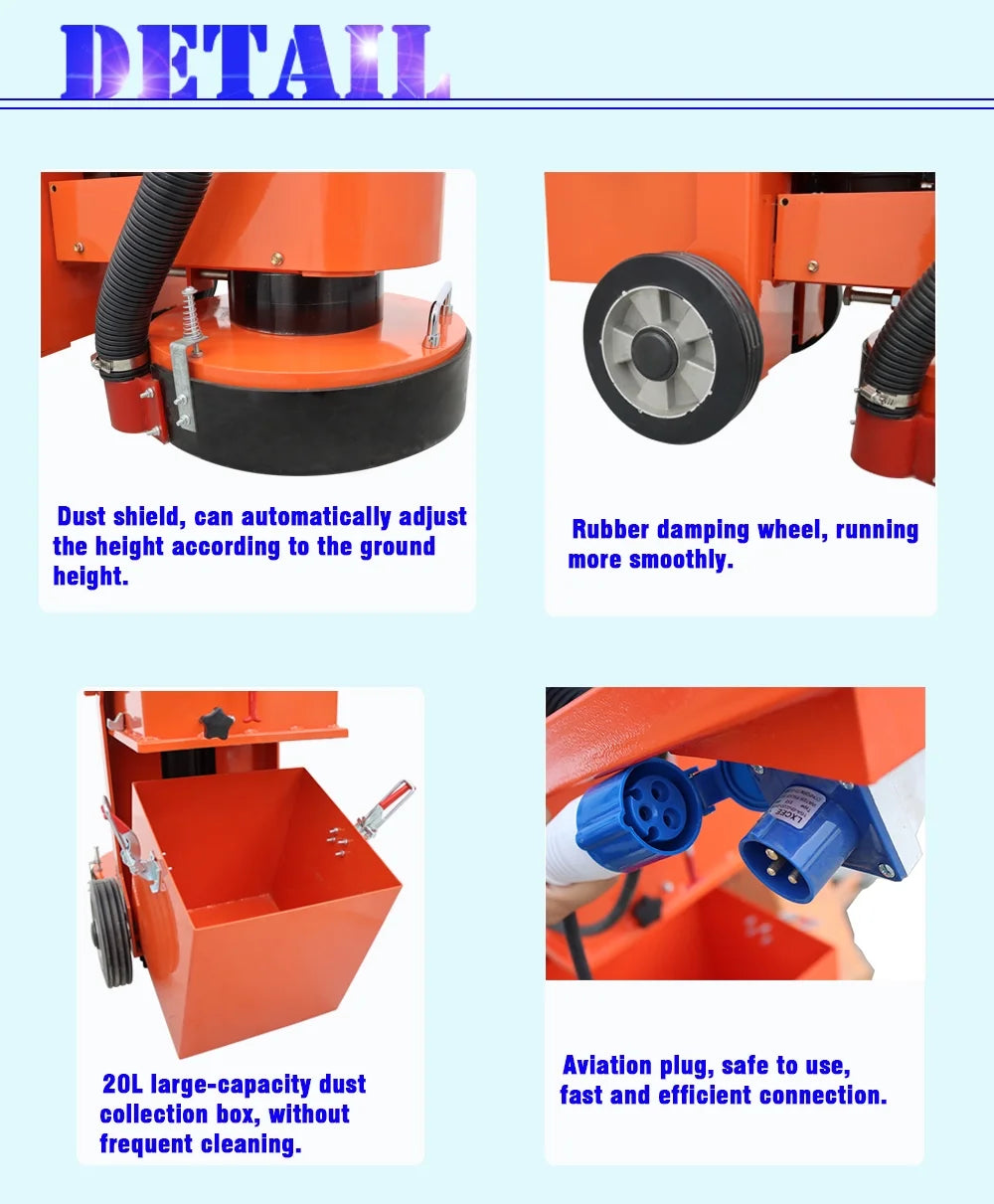 220V Concrete Ground Grinder Hand-push Dust-free Floor Grinding Polishing Machine Work Depth 0-3MM
