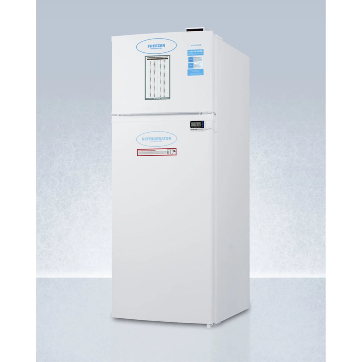 General purpose refrigerator-freezer with digital controls, internal fan, alarm/thermometer, and 2-8C refrigerator section