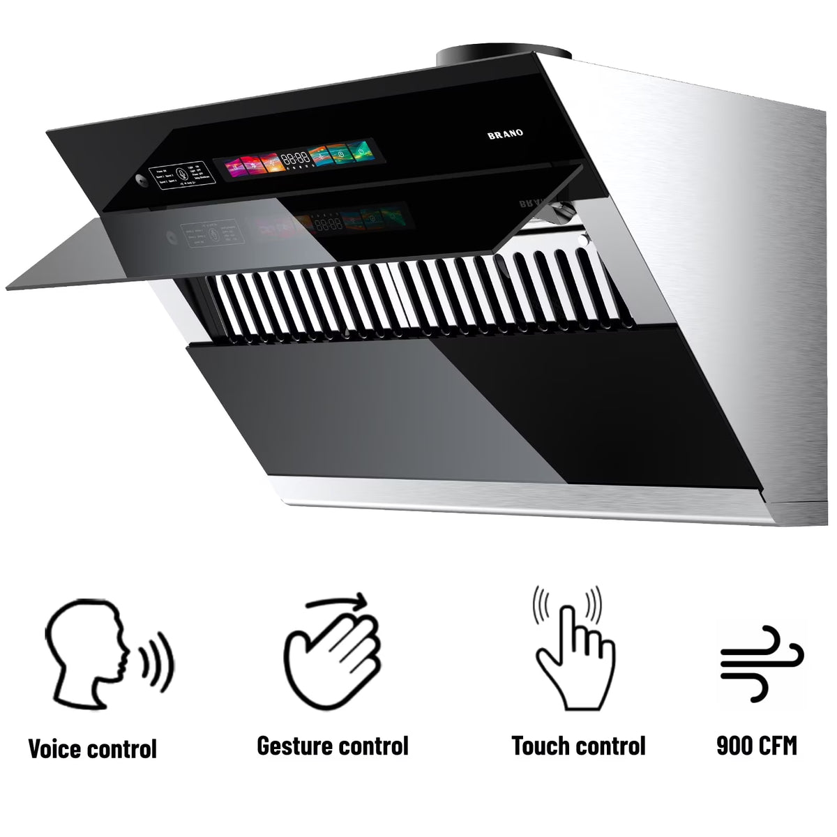BRANO 30 inch Range Hood Stainless Steel Kitchen Hood, 900CFM, Voice/Gesture Sensing, Touch Control, Side-Draft Design