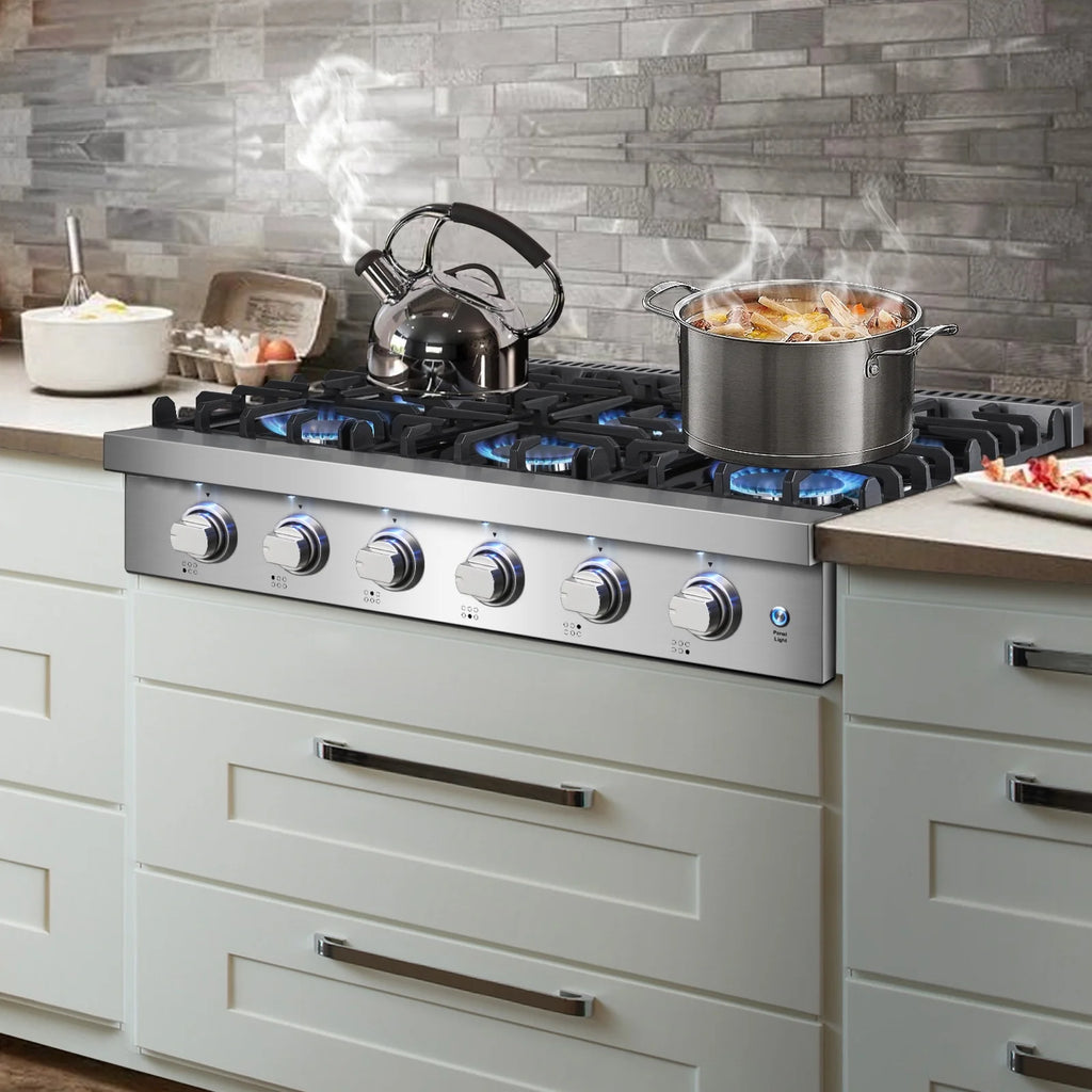 Sunmaki Gas Cooktop 36 inch Built-in Gas Stove with 6 Sealed Burner for Cooking, Gas Grilling, Propane Cooktop NG/LPG Switch