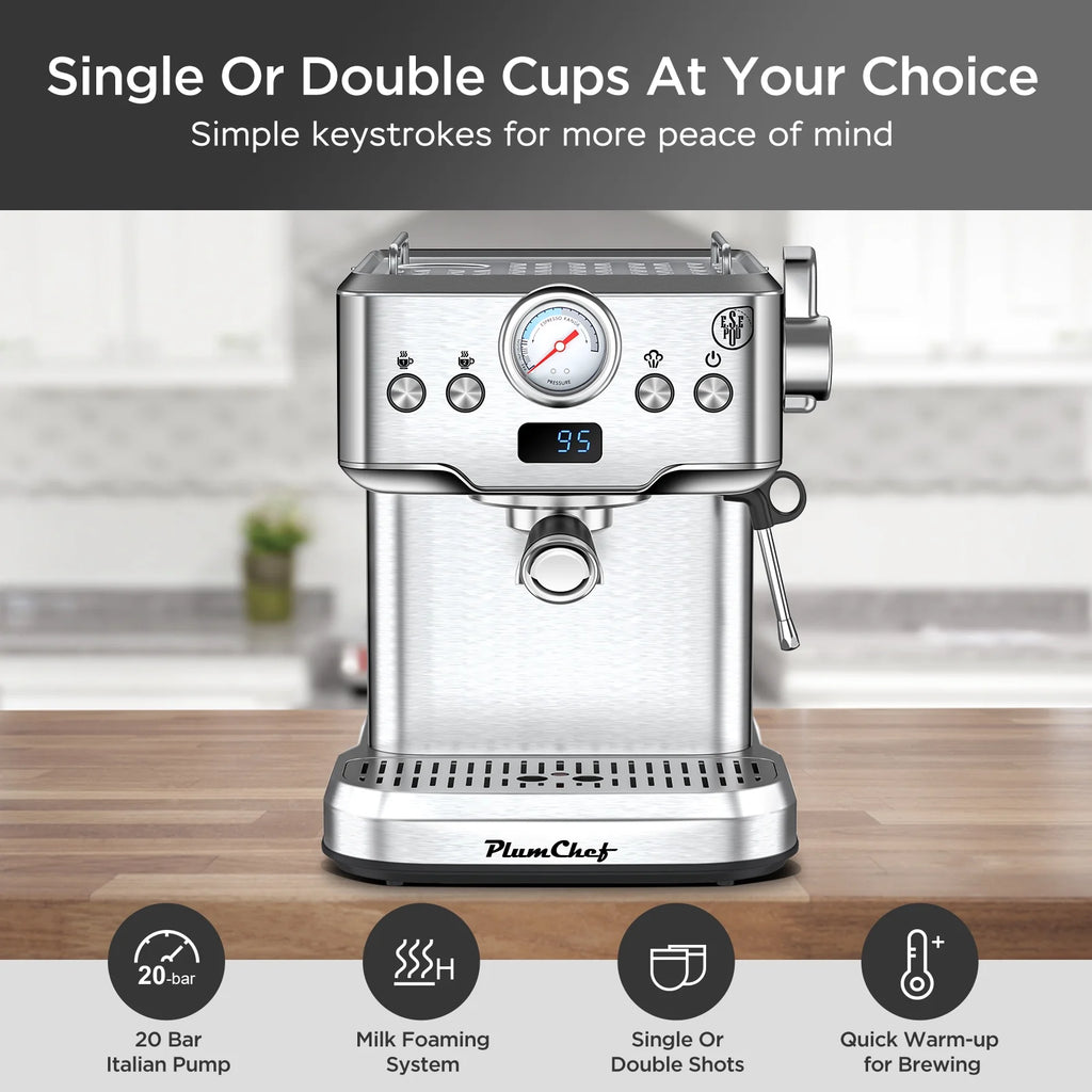 Plum Chef Espresso Machine 20 Bar Coffee Makers, Cappuccino Machine with E.S.E Pod & Pressure Gauge for Home, 1.8L Water Tank, Stainless steel, Silver