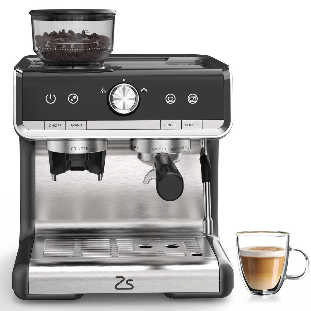 Kojooin Coffee Machines With Grinder,Espresso Machine,Semi-Automatic Espresso Maker With Milk Frother Steamer Wand,Silver