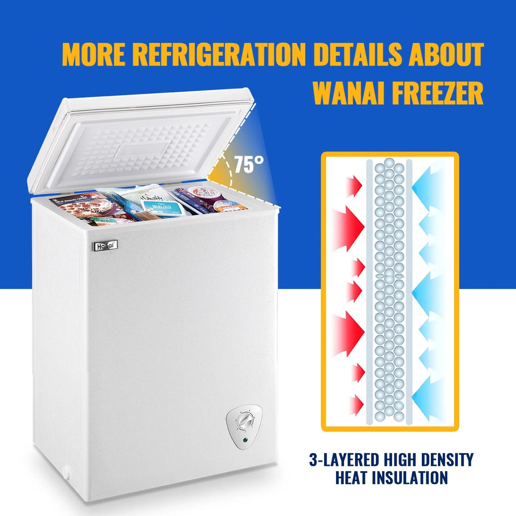 WANAI 5.0 Cu.ft Compact Freezer, Fast Cooling, Top Door Design, Energy-Efficient Deep Freezer White