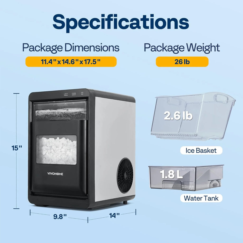 SPECSTAR Nugget Ice Maker Countertop, 45lbs/Day Pebble Ice Maker Machine, Soft Chewable Pellet Ice Machine with Self-Cleaning, Scoop, 10 Ice Bags, for Home Kitchen, RV, Camping, Office