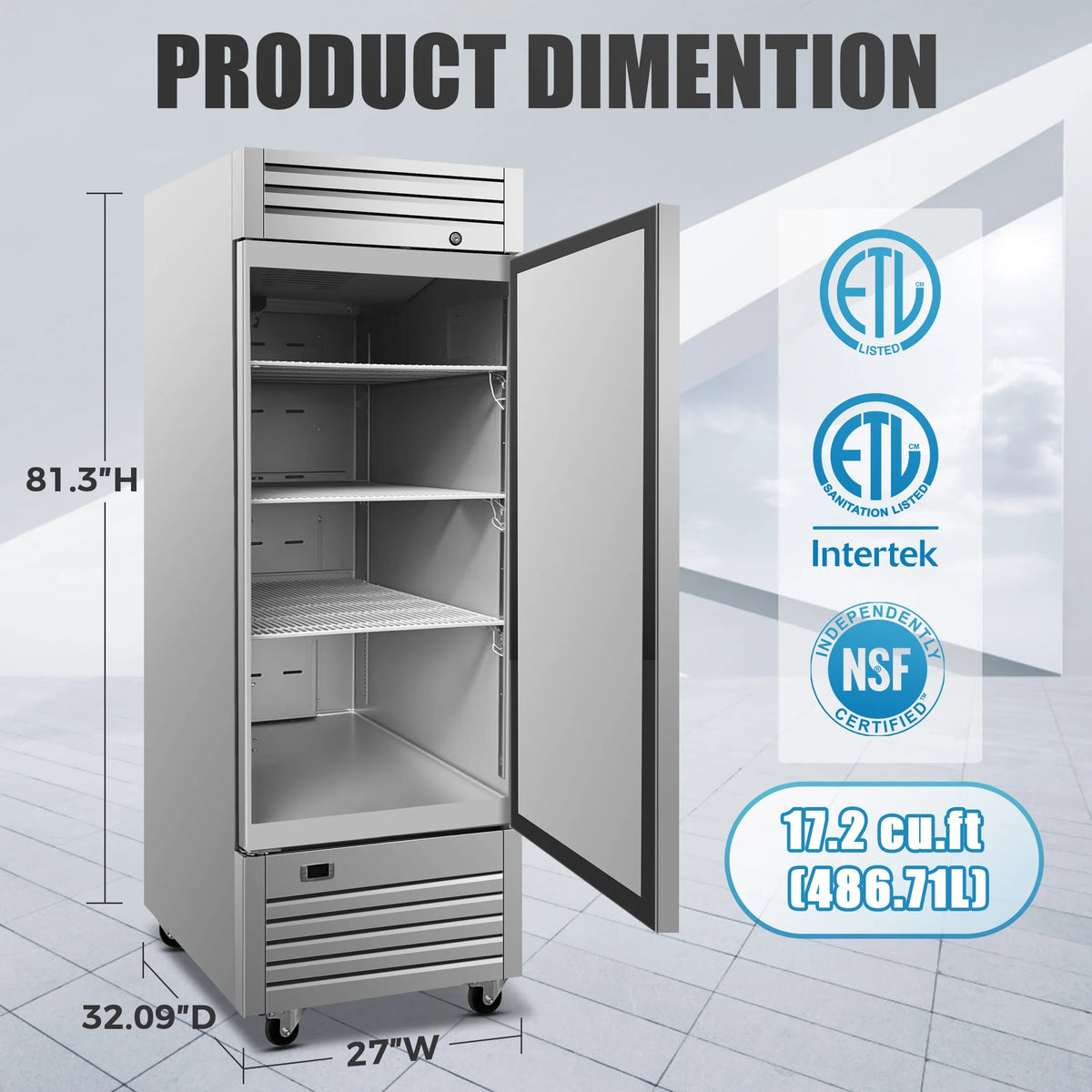NSF Single Door Commercial Reach In Stainless Steel Freezer 18 Cu.Ft. 28in. Width Freezer
