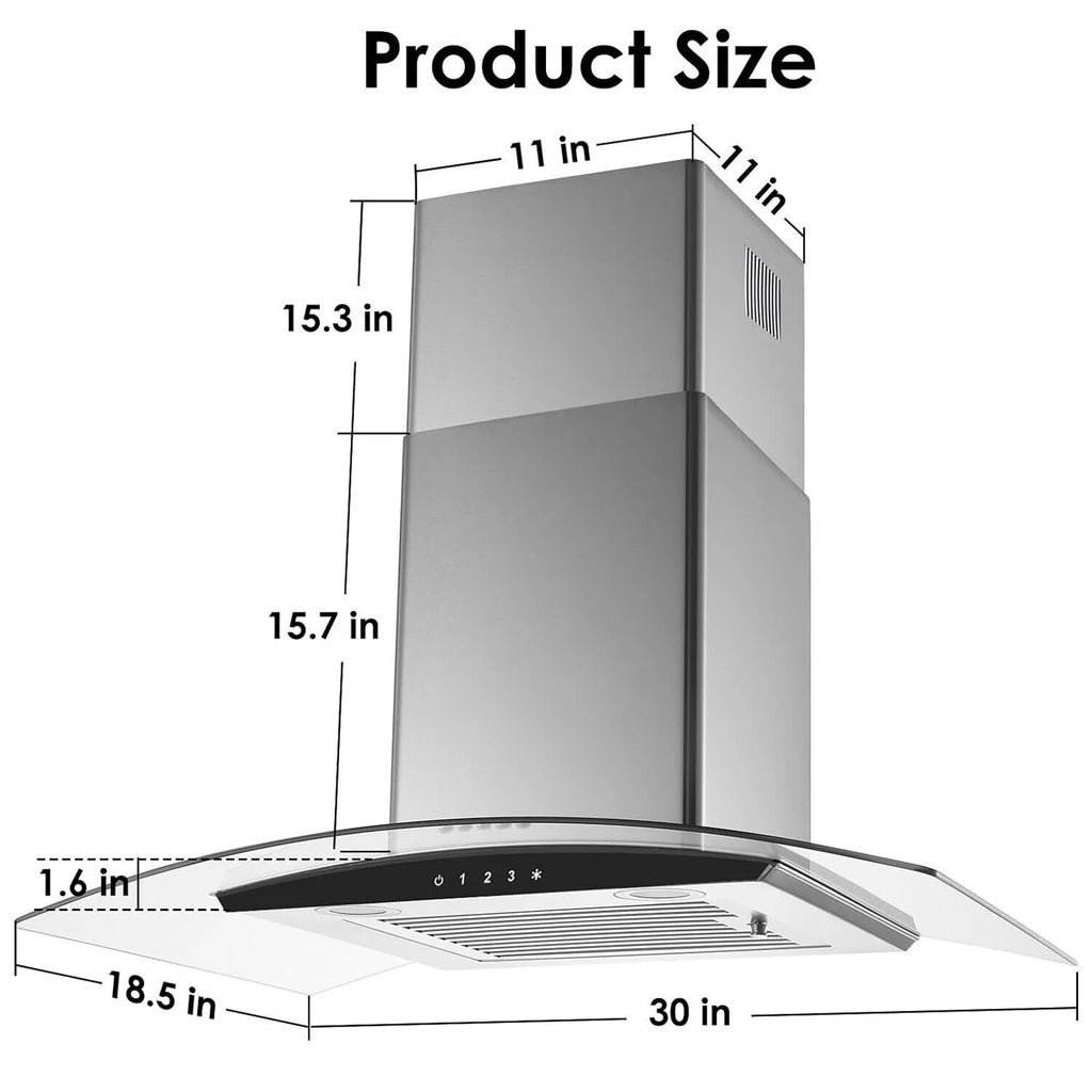 Tieasy 30-Inch Wall-Mounted Range Hood, 450CFM, Stainless Steel, 3-Speed Exhaust with Dishwasher-Safe Filter
