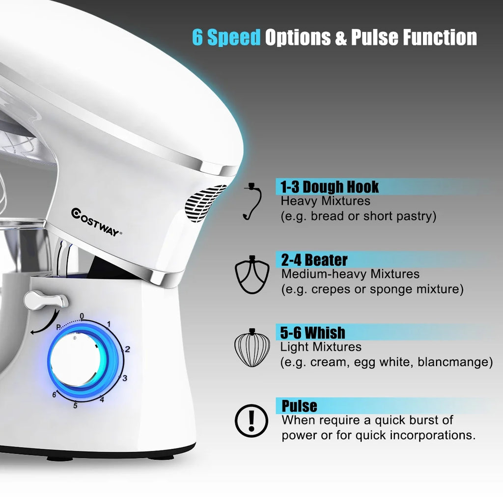 Costway 6.3 QT Tilt-Head Food Stand Mixer 6 Speed 660W wIth Dough Hook, Whisk & Beater Black