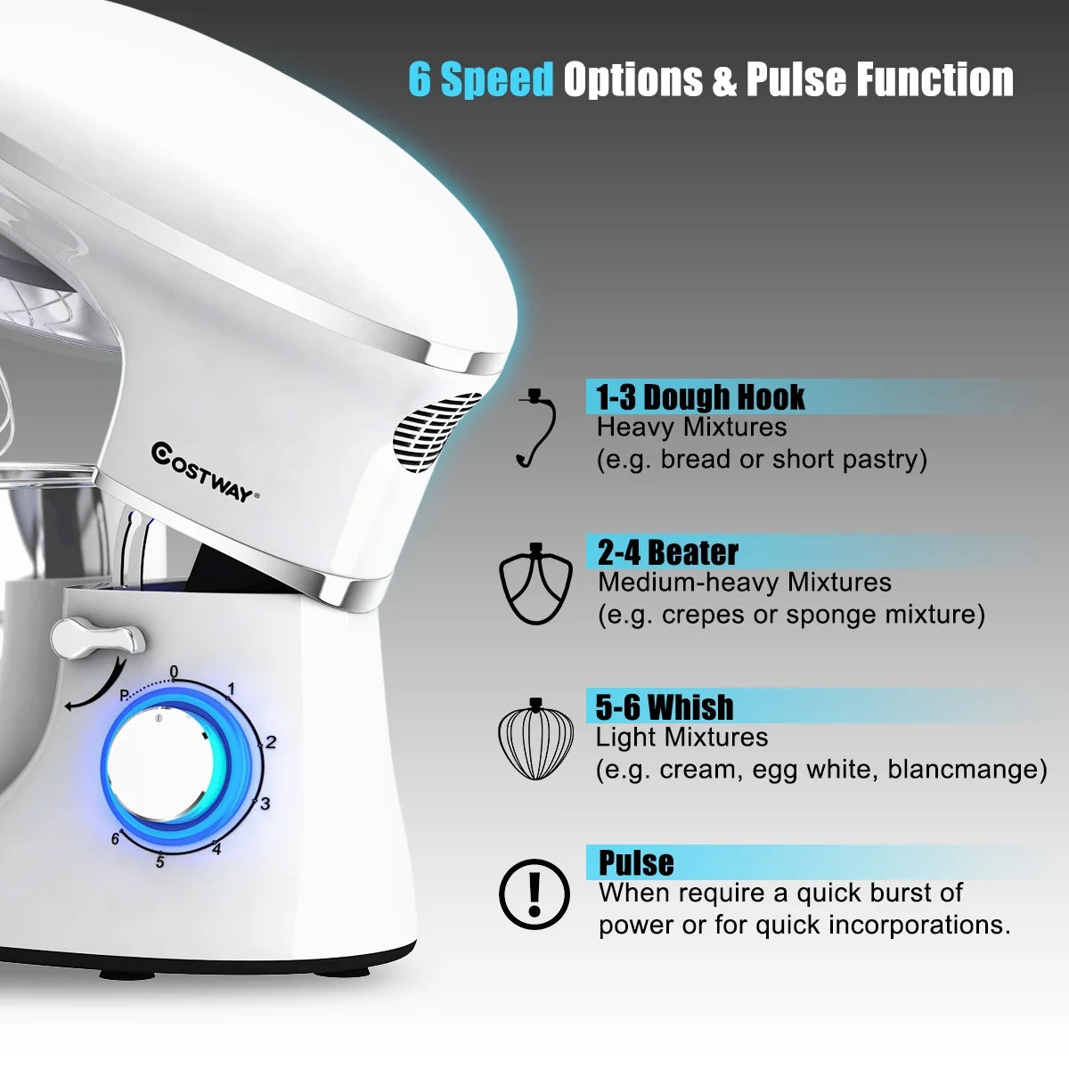 Costway 6.3 QT Tilt-Head Food Stand Mixer 6 Speed 660W wIth Dough Hook, Whisk & Beater Black