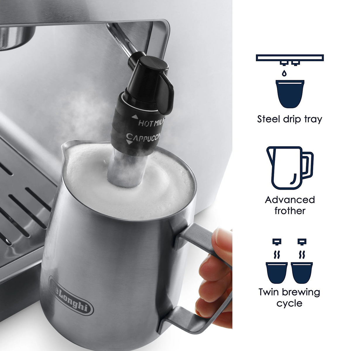 DeLonghi 15 Bar Stainless Steel Espresso and Cappuccino Machine with Premium Adjustable Frother
