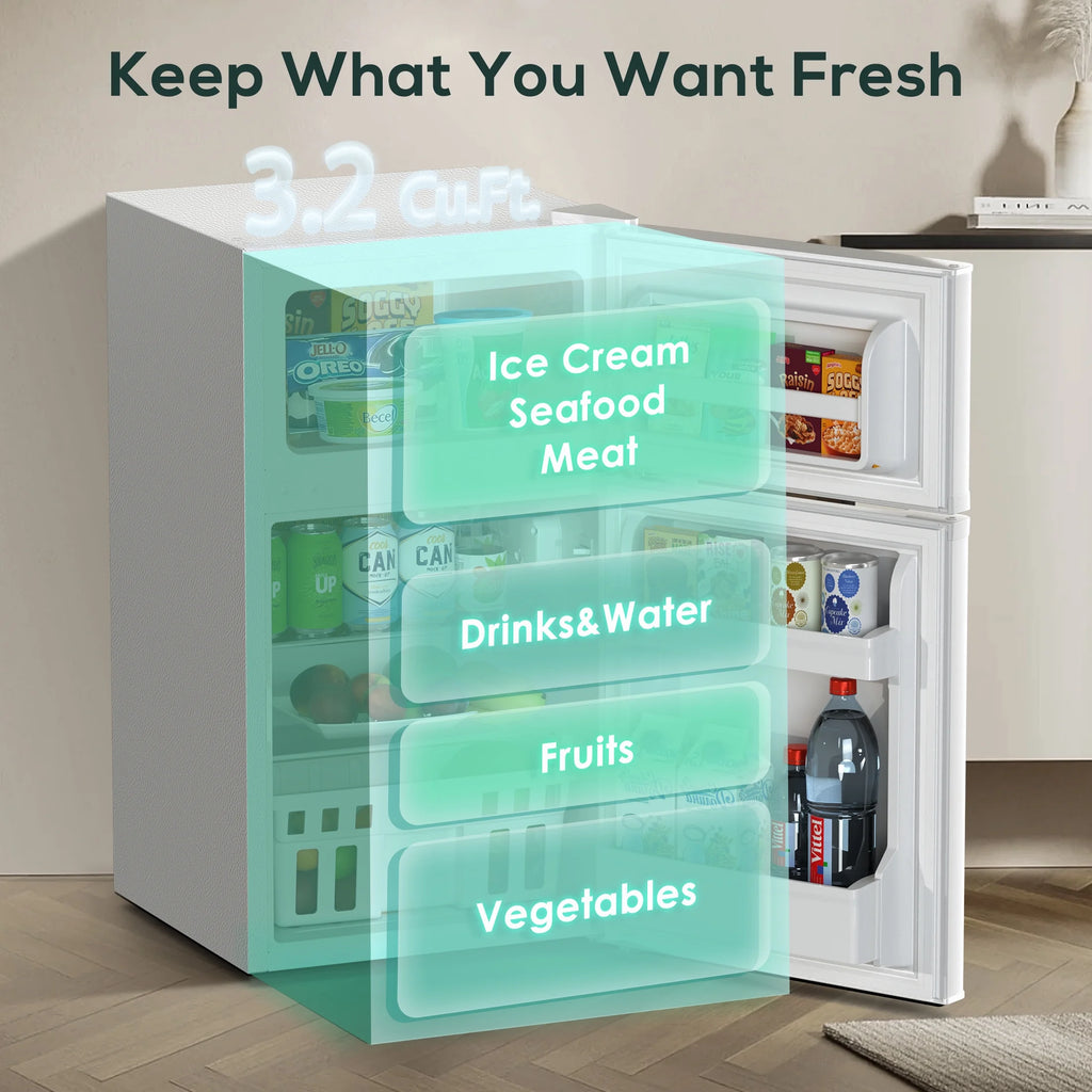 Moifoi 3.2 Cu.Ft Two-Door Compact Refrigerator, Stainless Steel Door, Black