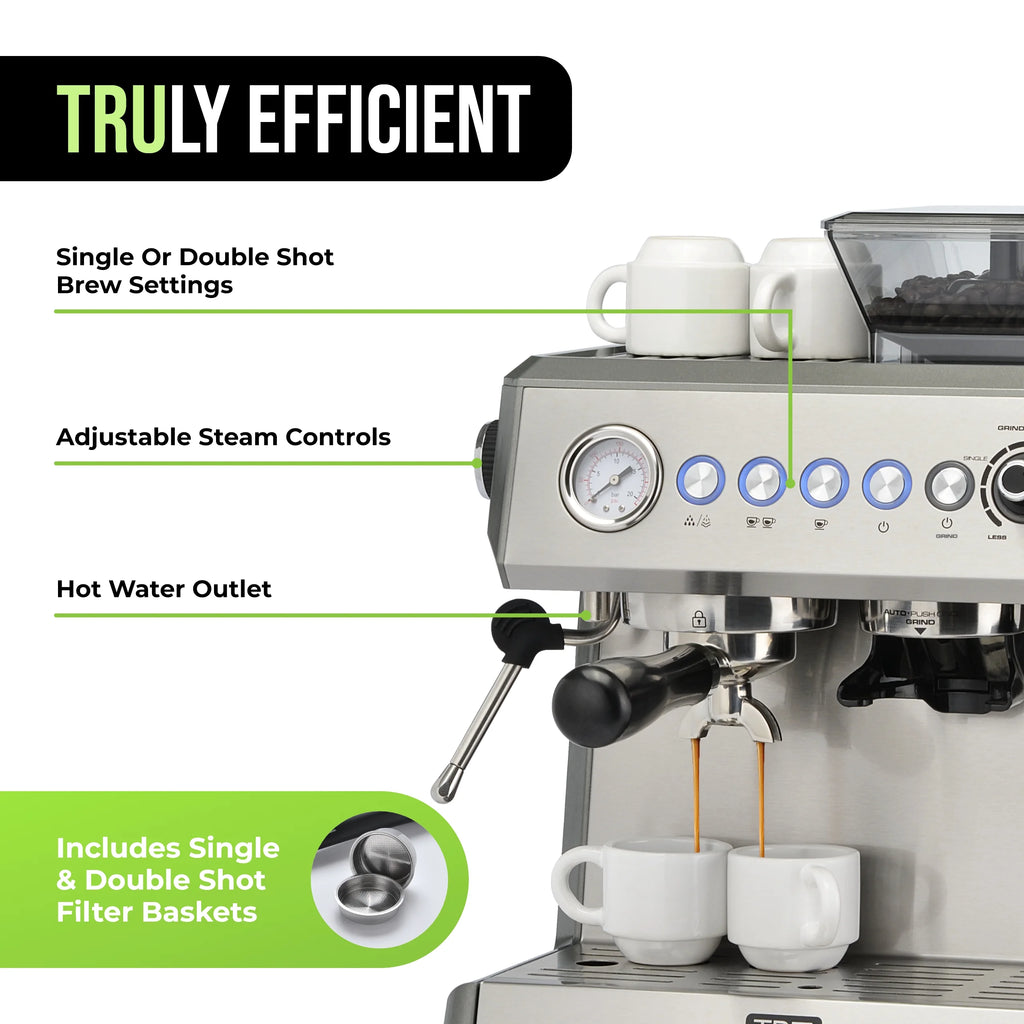 TRU All-in-One Espresso Maker with Grinder & Steam Wand - Premium Espresso Machine with Built-In Coffee Grinder - 15 Bar Pressure Pump - Adjustable Steam Controls & Cup Warmer