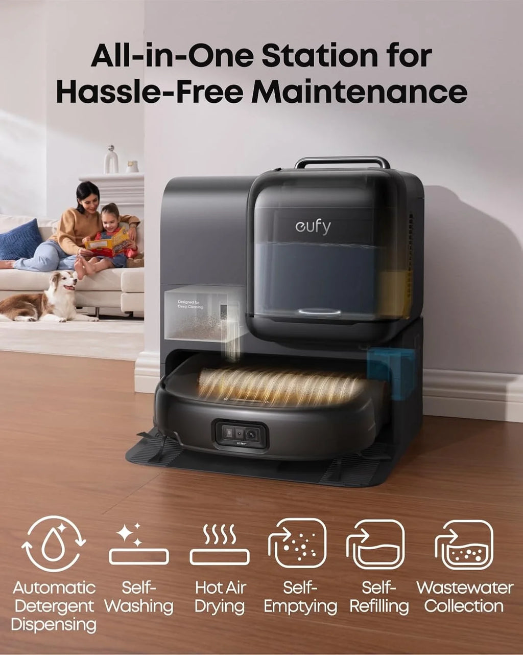 eufy Robot Vacuum Omni E28, HydroJet System , Portable Deep Cleaner, Turbo Suction, DuoSpiral? Detangle Brushes, CornerRover? Arm