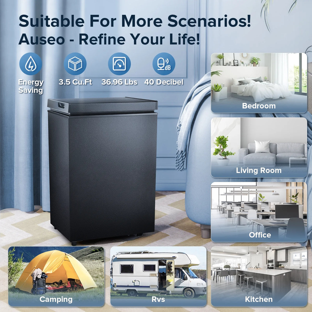LHRIVER Mini Freezer Chest 3.5 cu ft, Deep Freezer & Side Handle, Compact Freezer with 7 Gear Adjustable Temperature, Removable Storage Basket, Black
