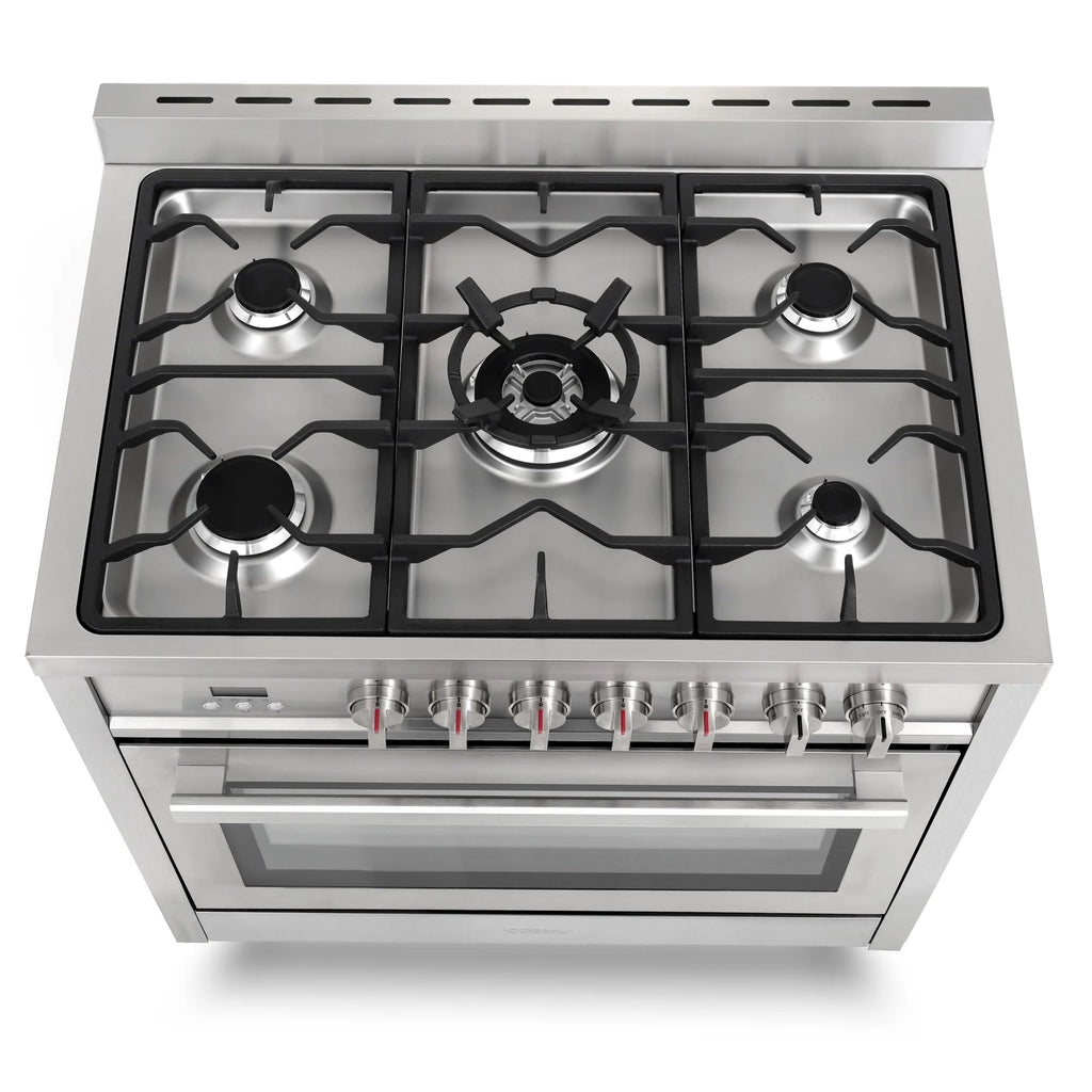 Cosmo 4 Piece Kitchen Appliance Packages with 36" Freestanding 220/240V Dual Fuel Range 36" Island Range Hood 24" Built-in Integrated Dishwasher & French Door Refrigerator Kitchen Appliance Bundles