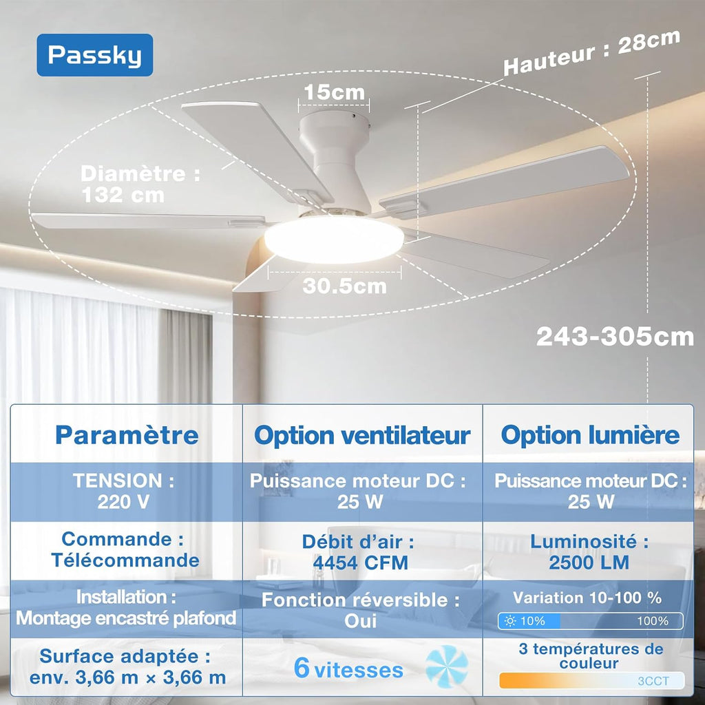 Passky Ceiling Fan 52 Inch with Lighting and Remote Control, Silent DC Motor, 5 Blades, 6 Speed, 3 Color Temperatures, Timer, White