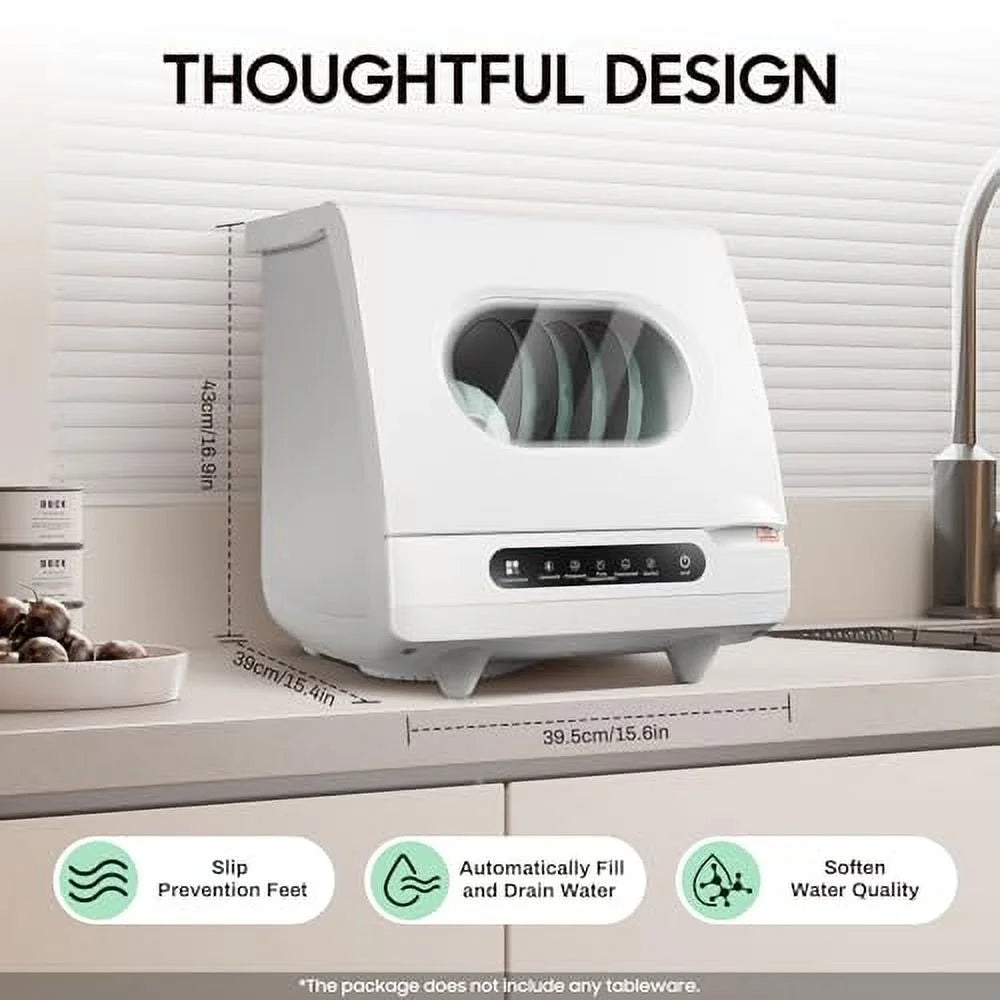 5 functions Countertop Dishwasher with 5L Water Tank,Upgrade Hot Air Dry Function,800W White Portable Dishwasher for Clean Dishes Knives Vegetables Fruits,161.6�H High Temp