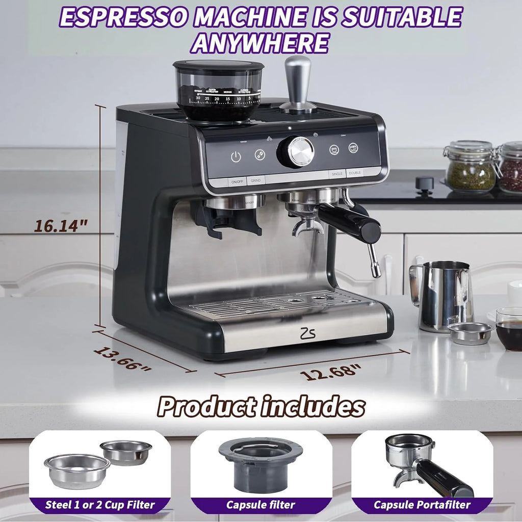 COZONY Espresso Machine 15 Bar, 2.5 L Water Tank, Semi Automatic Coffee Maker with Grinder, Milk Frother/Steam Wand, Italian Pump, All-in-One Espresso Machine, Stainless Steel, Silver