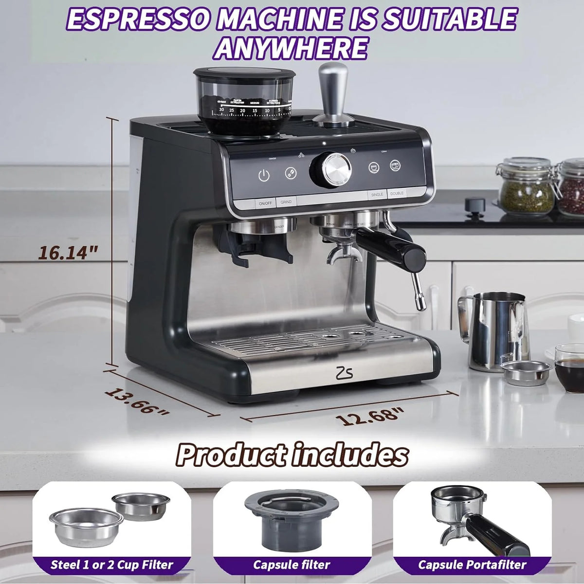 COZONY Espresso Machine 15 Bar, 2.5 L Water Tank, Semi Automatic Coffee Maker with Grinder, Milk Frother/Steam Wand, Italian Pump, All-in-One Espresso Machine, Stainless Steel, Silver