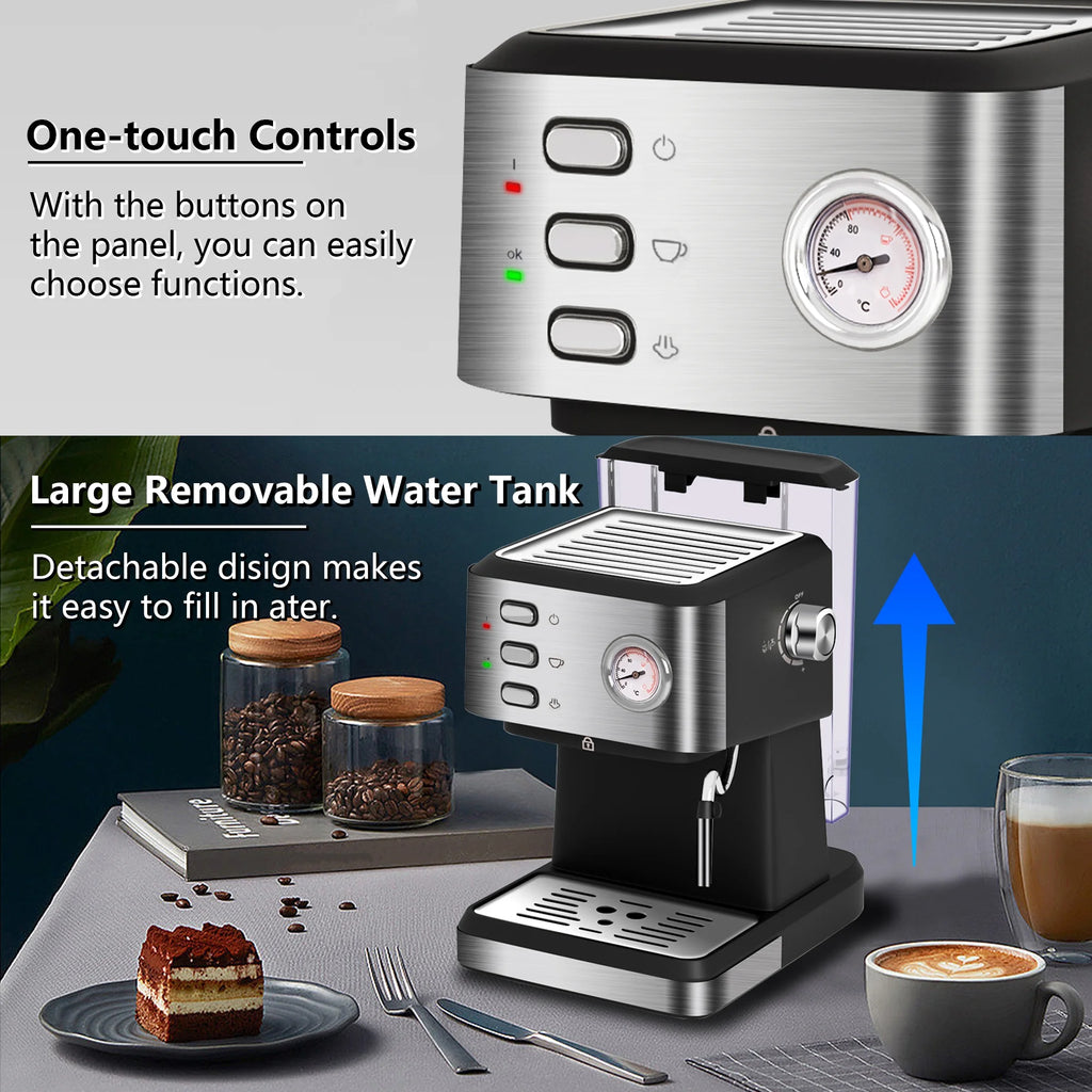 Bluebow Espresso Machine 20 Bar, 1.5L Water Tank Pressure Gauge Milk Frother Steam Coffee Maker, Silver