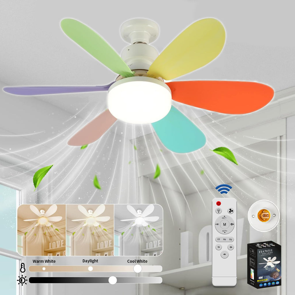 VHV Ceiling Fan with Light and Remote Control, LED Dimmable Ceiling Fan with 40 W E27 Built-In Lamp, 6 Blades, 3 Speed, Silent for Living Room, Bedroom, Bedroom (White)