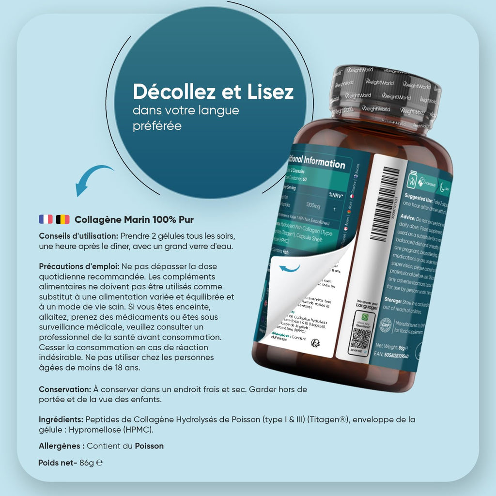 Collagene Marin Gelules Pur Type 1 & 3, 120 Gélules Multi-Usages, Peptide de Collagene Marin Hydrolysé, 1200mg sans Additifs ni OGM, sans Gluten ni Stéarate de Magnésium, 2 Mois d'Approvisionnement