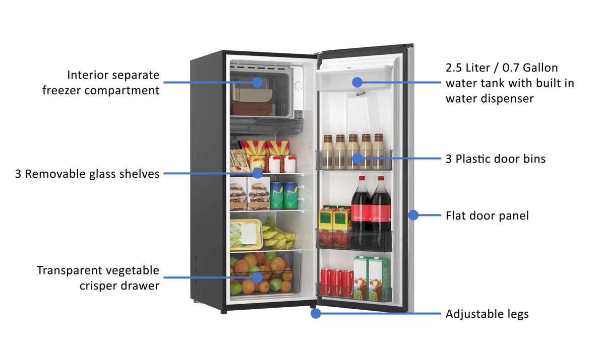 Galanz 6.5 Cu ft One Door Refrigerator, with Water Dispenser, Stainless Steel Look, Estar, New