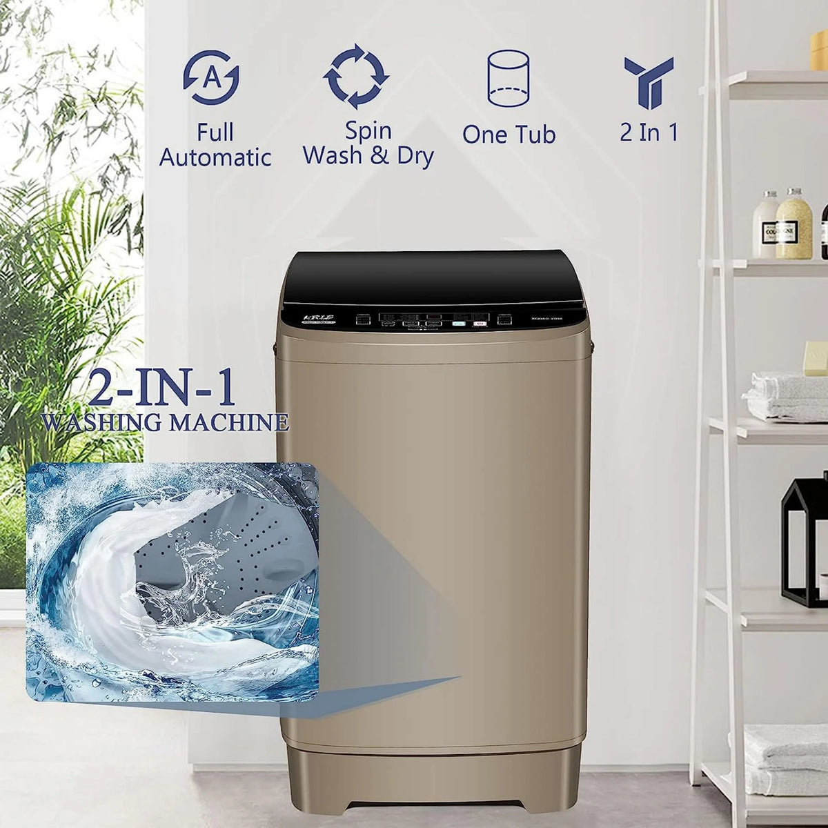 Full-Automatic Washing Machine, Portable Laundry Washer, Compact 17.7 lbs, LED Display, Drain Pump, 10 Wash Programs 8 Water Levels