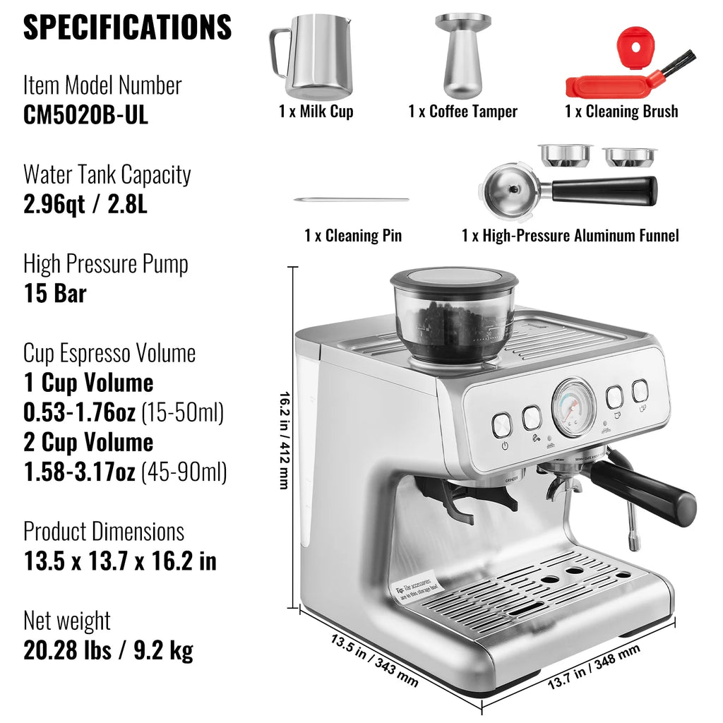 KFFKFF Coffee Machine with Grinding Feature, 15 Bar Semi-Auto Coffee Brewer with Milk Frothing Wand, Detachable Water Reservoir & Pressure Indicator for Cappuccino, Latte, Machiato, PID Regulation