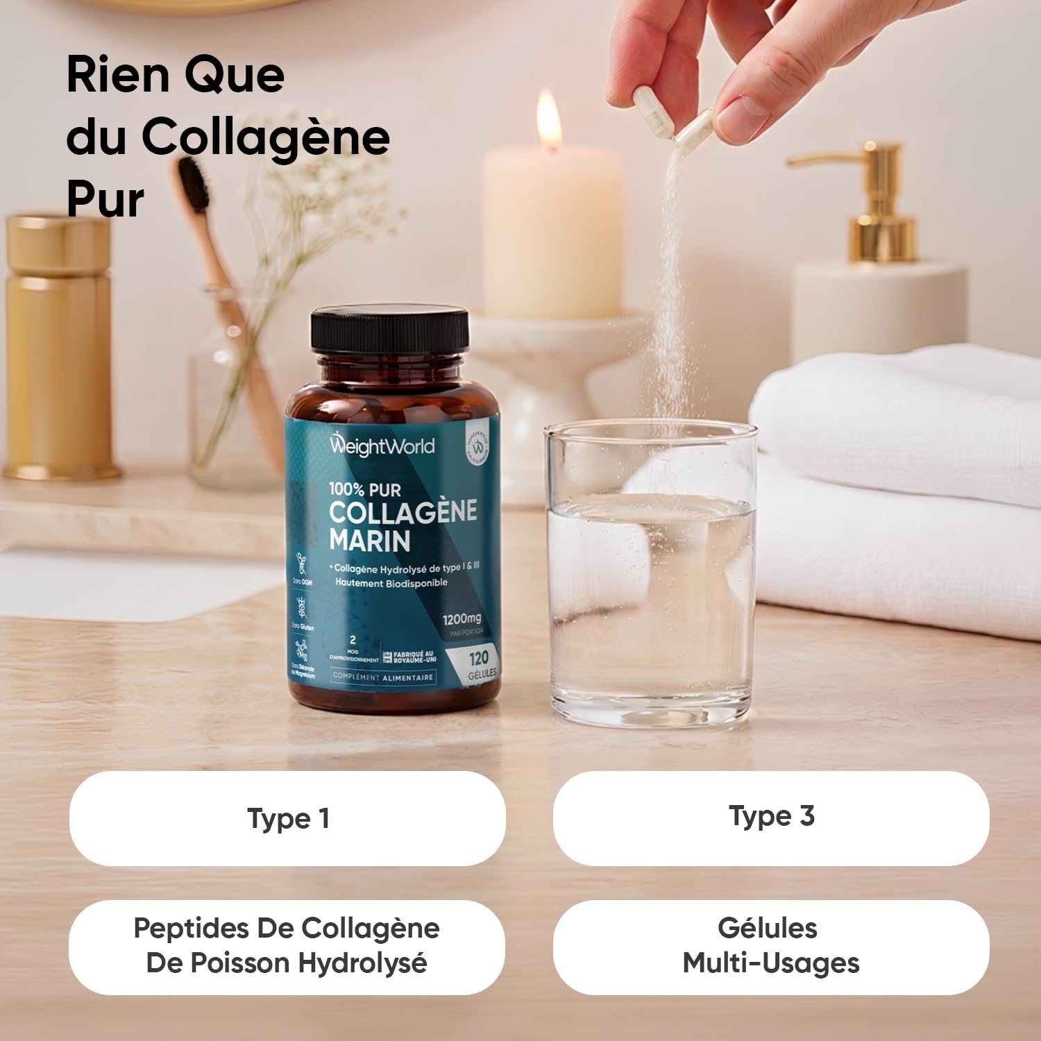 Collagene Marin Gelules Pur Type 1 & 3, 120 Gélules Multi-Usages, Peptide de Collagene Marin Hydrolysé, 1200mg sans Additifs ni OGM, sans Gluten ni Stéarate de Magnésium, 2 Mois d'Approvisionnement