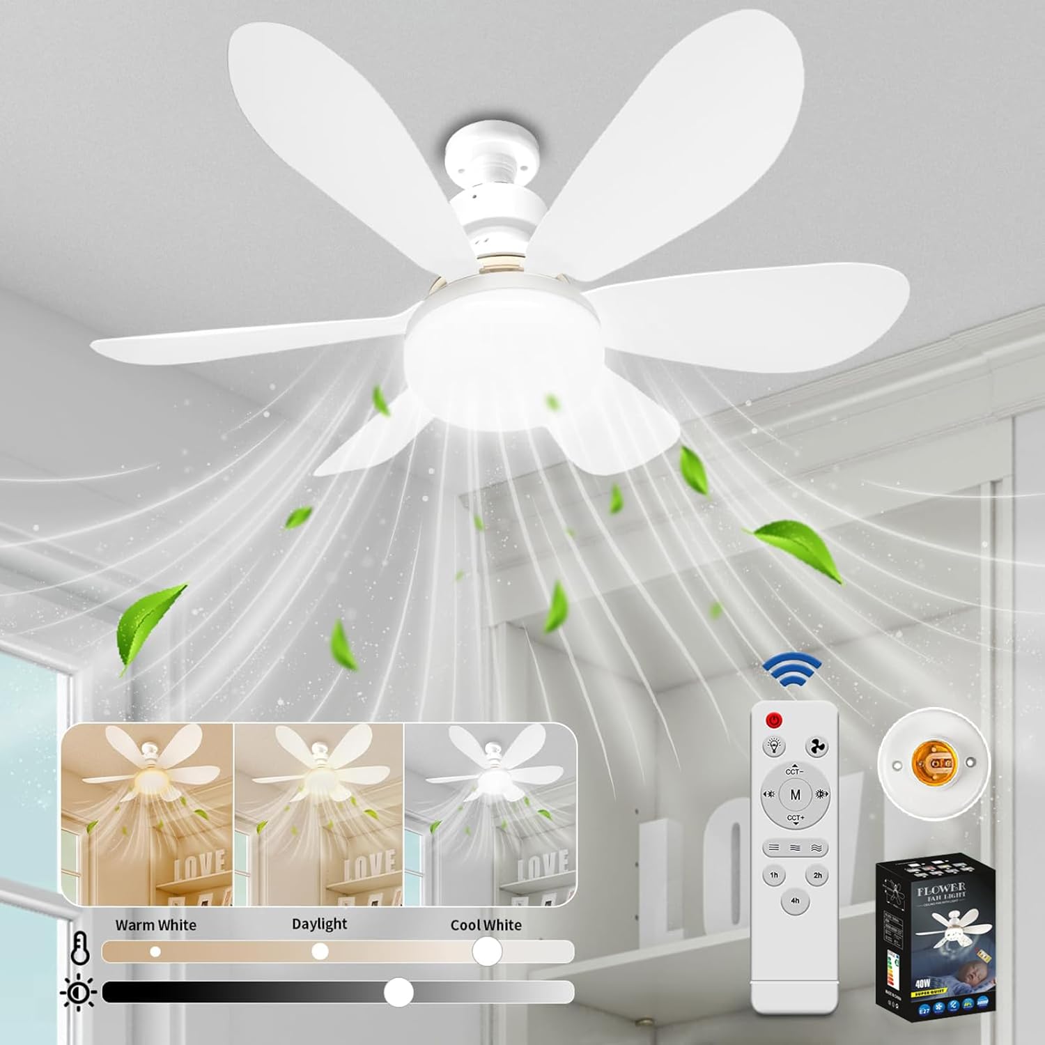 VHV Ceiling Fan with Light and Remote Control, LED Dimmable Ceiling Fan with 40 W E27 Built-In Lamp, 6 Blades, 3 Speed, Silent for Living Room, Bedroom, Bedroom (White)