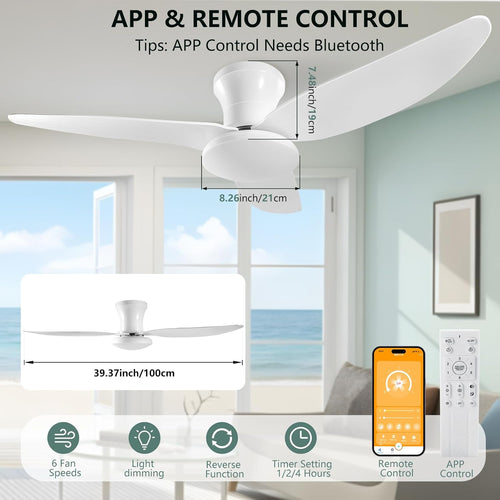 100 cm Mute Ceiling Fan with Light – Remote Control, 60 W Ceiling Fan Reversible DC-motor 6 Speeds Fan, Timer, For All Seasons, White